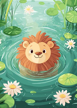 Cartoon Lion Swimming in a Pond