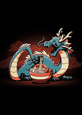 Dragon eating ramen cartoon illustration
