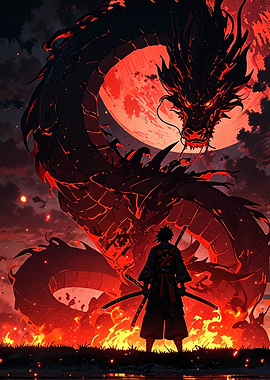 Samurai and Fiery Dragon Under Red Moon