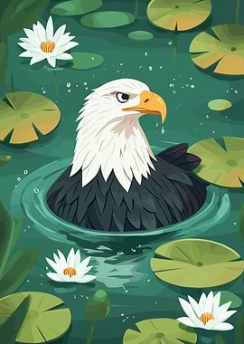Eagle in Lily Pond Illustration