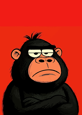 Grumpy Cartoon Gorilla on Red Background