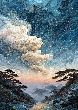 Dreamy Mountain Landscape with Clouds