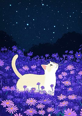 Cat in a field of flowers