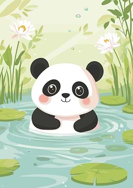 Cute Panda in Pond Illustration