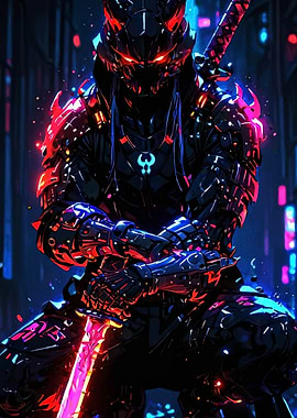 Cyberpunk Ninja Warrior with Glowing Sword