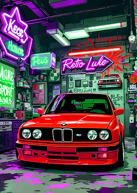 Red BMW in Neon Garage