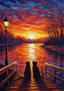 Cats watching sunset painting