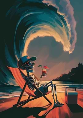 Skeleton Relaxing on Beach with Cocktail