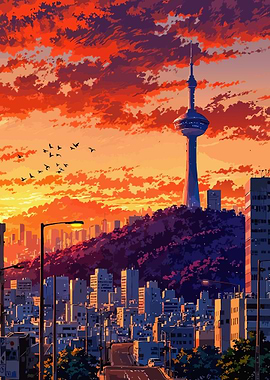 Cityscape with Tower at Sunset