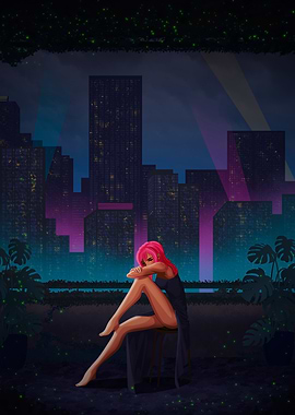 Pink-haired woman in city landscape