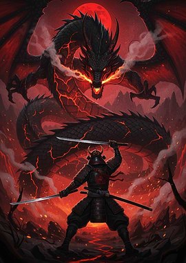 Samurai vs. Dragon Under Red Moon