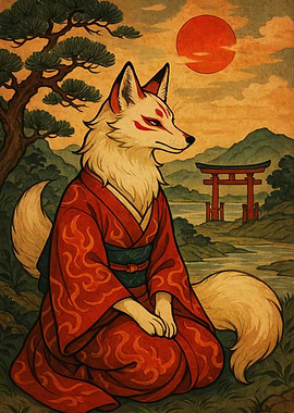 Kitsune in Kimono with Torii Gate