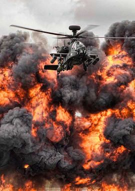 Military Helicopter Flying Through Fireball