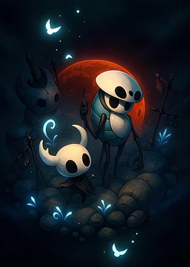 Hollow Knight characters in a dark setting
