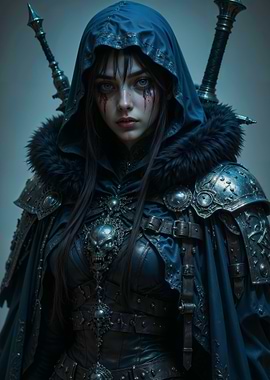 Hooded Warrior Woman with Swords