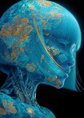 Blue and Gold Cybernetic Woman Portrait