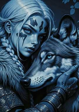 Warrior Woman and Wolf Companion