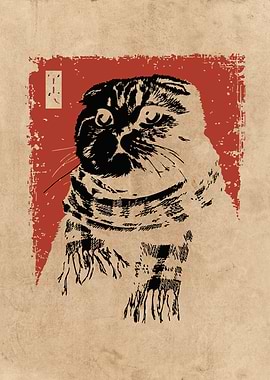 Scottish Fold Cat Ukiyo-e Style Art