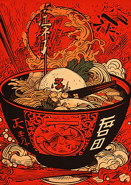 Ramen Bowl Illustration in Red Tones