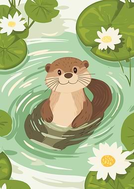 Cute Otter in Lily Pond Illustration