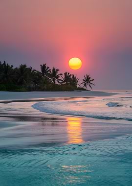 Tropical Beach Sunset with Palm Trees