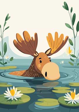 Cartoon Moose Swimming in a Pond