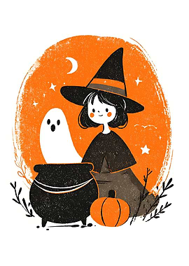Cute Witch with Ghost Vintage Halloween Illustration