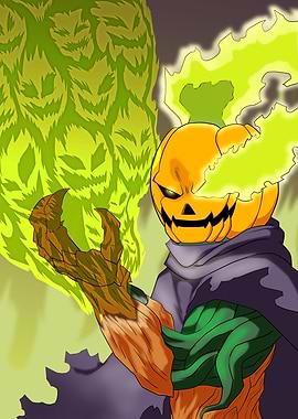 Pumpkin-headed character with glowing green flames