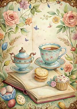 Watercolor Tea Party with Flowers and Book