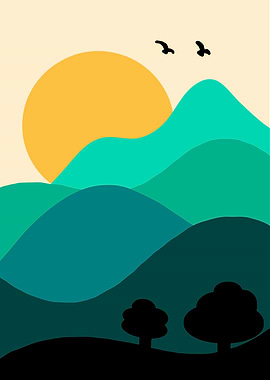 Minimalist Mountain Landscape with Birds