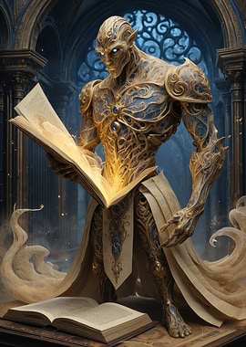 Ornate Golden Guardian Reading a Glowing Grimoire — Fantasy Digital Illustration