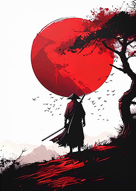 Samurai Silhouette with Red Sun
