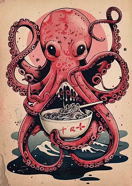 Octopus eating ramen illustration
