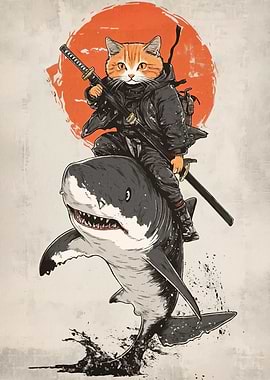 Cat Samurai Riding Shark