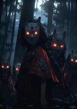 Masked figures in a dark forest
