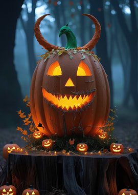 Halloween Pumpkin with Horns in Forest
