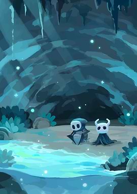 Hollow Knight characters in a cave