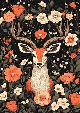 Deer with Flowers on Black Background