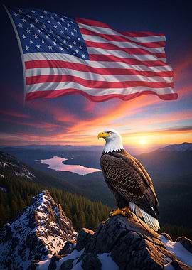 Bald Eagle American Flag Mountain Sunset