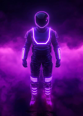 A cyberpunk warrior in glowing armor standing in mist