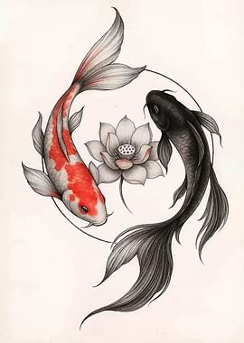 Koi Fish Yin Yang with Lotus