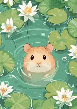 Hamster in Lily Pond Illustration