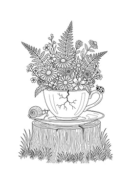 Cracked Teacup with Flowers and Insects