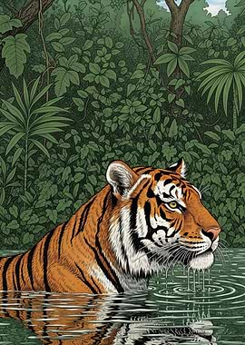 Tiger in Water Jungle Illustration