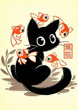 Black Cat and Goldfish Illustration