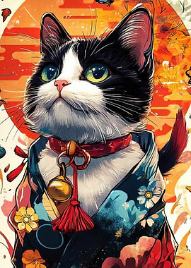 Cat in Kimono with Bell