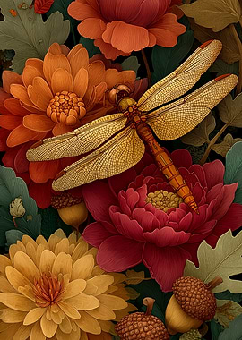 Dragonfly on Flowers and Acorns | Vintage Botanical Art