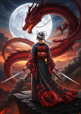 Samurai Woman Facing Red Dragon