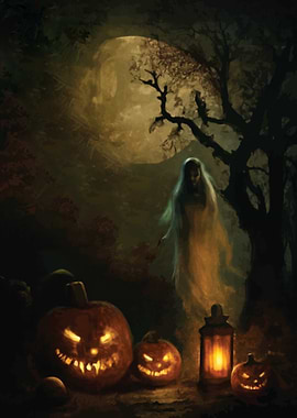 Halloween Night with Ghost and Pumpkins