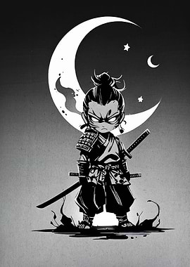 Chibi Samurai Warrior Under Crescent Moon